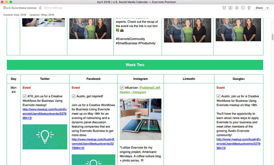Evernote social media calendar