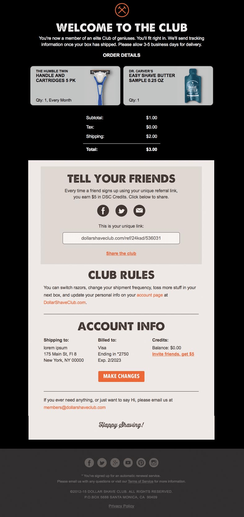 Dollar Shave Club order confirmation notification