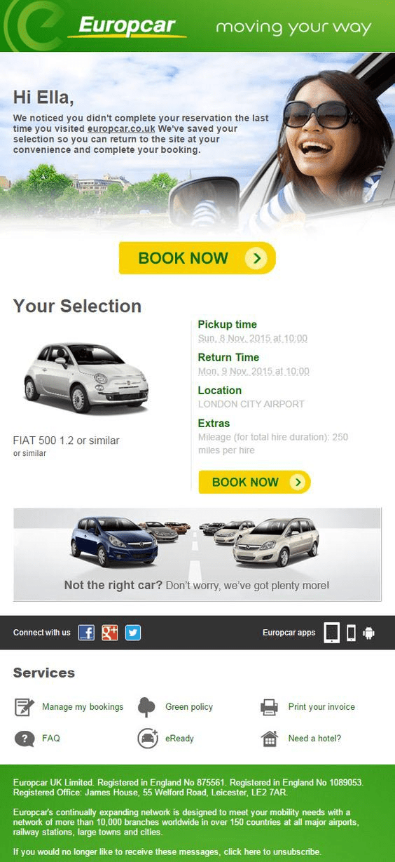 Europcar abandoned cart email